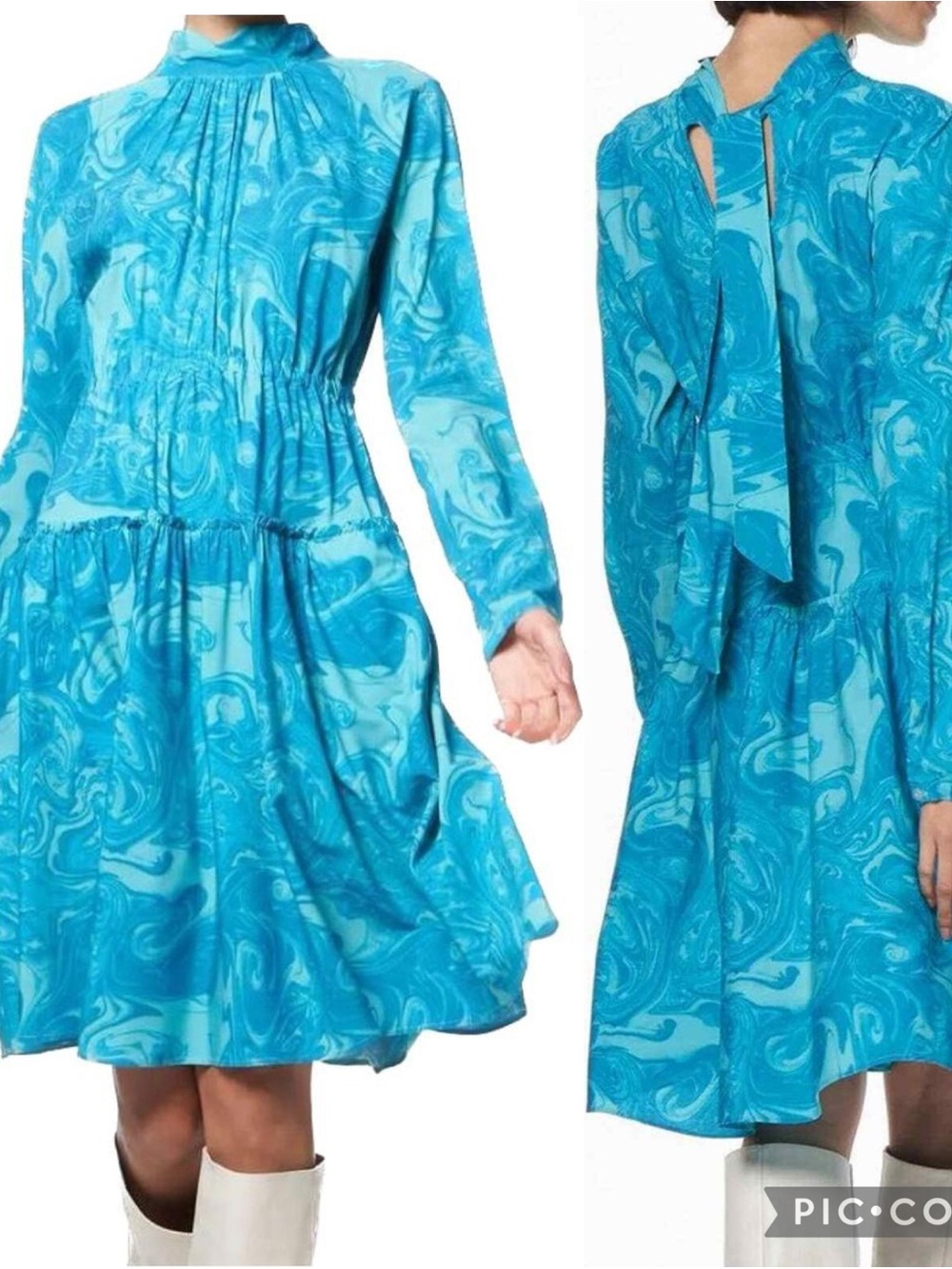 The Kit Joey Dress in Aqua Swirl Marble Long Sleeve Tiered Dress size 2X